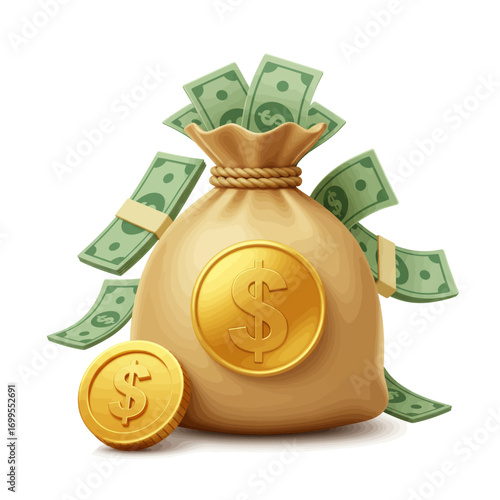 A detailed illustration of a money bag overflowing with cash and a gold coin.