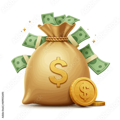 Cartoon illustration of a money bag overflowing with cash and a gold coin.