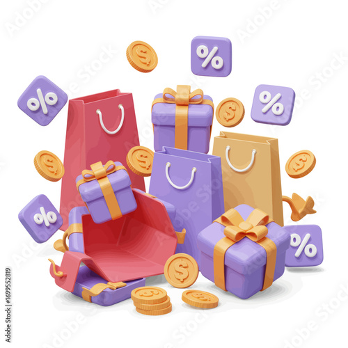 Vibrant illustration of shopping bags, gift boxes, coins, and percentage symbols, representing sales and promotions.