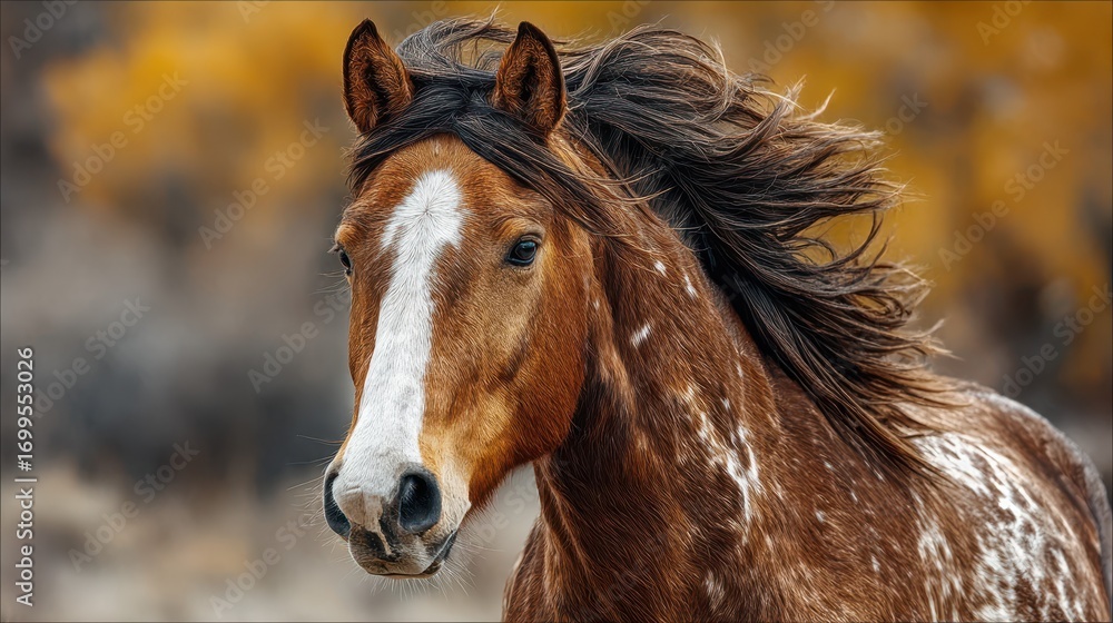 Fototapeta premium Beautiful horse with flowing mane in autumn landscape at sunset