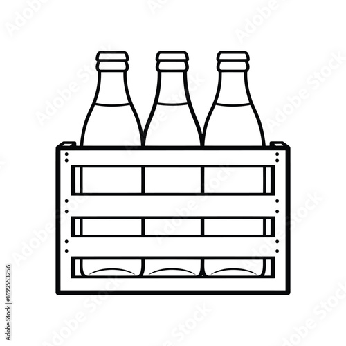 Three glass bottles in a wooden crate simple line drawing outline white background