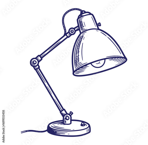 Hand drawn illustration of a classic adjustable desk lamp for study and work