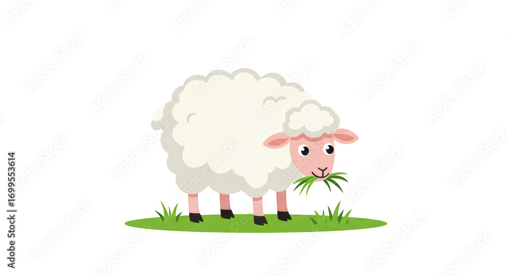 Obraz premium Cartoon Sheep Eating Grass on Green detailed illustration featuring child, nature, herbivore, clip art, spring, domestic concept design