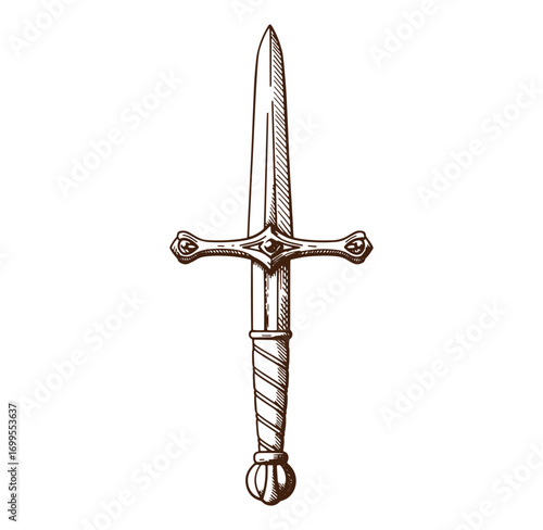 Hand drawn medieval sword illustration on a white background representing weaponry and battle.