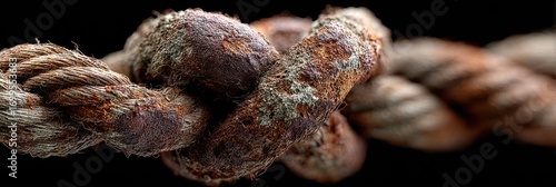 Rusty rope knot highlights wear and age in a close-up view with intricate textures and details captured in natural light