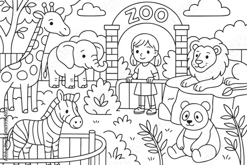fairy tale characters in the zoo illustration coloring page