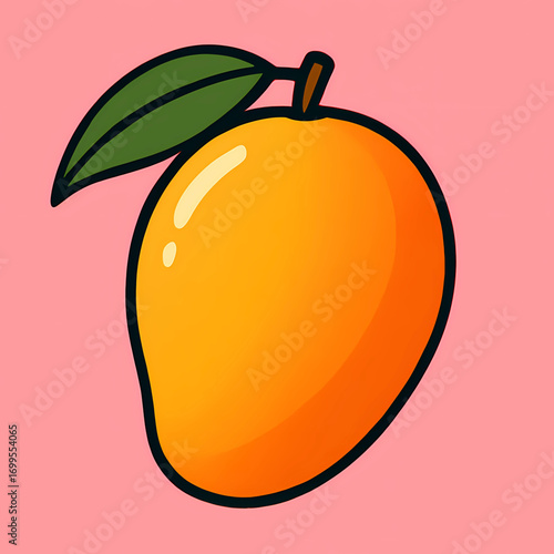Vibrantly colored cartoon mango illustration, showcasing a ripe yellow tropical fruit with a fresh green leaf, symbolizing healthy eating, summer joy, and exotic flavors in a playful style