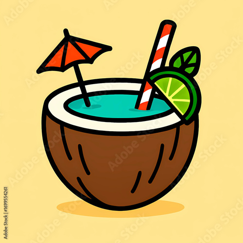 Tropical coconut cocktail illustration with a blue drink, festive straw, lime, and umbrella, perfect for summer holidays and refreshing beach vibes