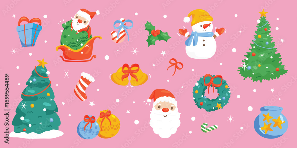 Naklejka premium Merry Christmas element vector set. Decorative elements of christmas tree, santa, sleigh, sock, bauble ball, wreath, snowman, gift, holly, candy cane. Design for sticker, banner, card, poster, kids.