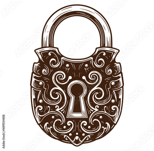 Intricate vintage style padlock illustration featuring elegant swirl and scroll decorative elements