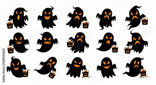 A spooky collection of hand drawn cartoon flying ghost characters with different expressions for Halloween