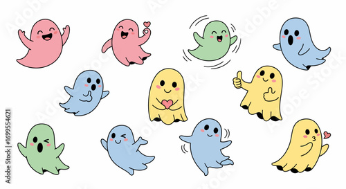 Adorably Spooky A Collection of Hand Drawn Cartoon Flying Ghost Characters for Halloween Fun