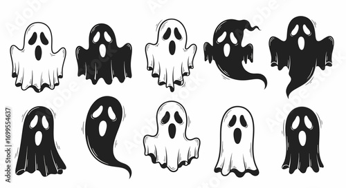 Hand-drawn cartoon flying ghost collection spooky Halloween ghosts in monochrome style, perfect for decoration and design