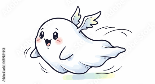 Cute hand drawn cartoon flying ghost with little angel wings, a happy and friendly spirit character illustration isolated on white
