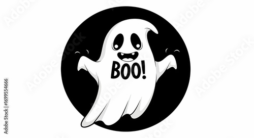 A friendly hand drawn cartoon flying ghost with a playful boo expression, a spooky character for Halloween festivities and paranormal themes