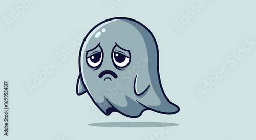 Lonely and dejected hand drawn cartoon flying ghost with big expressive eyes, a cute but sad spirit isolated on a solid background