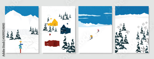 Winter wonderland scenes poster vector set. Christmas and Happy New Year season with mountain, ice skating, house, people. Background design for invitation, card, social post, cover, sale banner, ads.