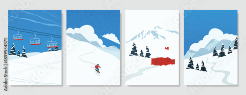 Winter wonderland scenes poster vector set. Christmas and Happy New Year season with mountain, ice skating, house, people. Background design for invitation, card, social post, cover, sale banner, ads.