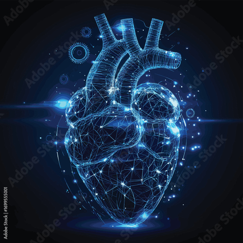 Futuristic biohacking concept with glowing low polygona anatomical human heart and gear mechanisms , vector style simple color
