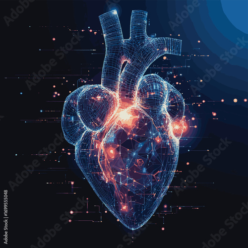 Futuristic biohacking concept with glowing low polygona anatomical human heart and gear mechanisms , vector style simple color