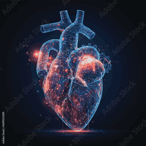 Futuristic biohacking concept with glowing low polygona anatomical human heart and gear mechanisms , vector style simple color