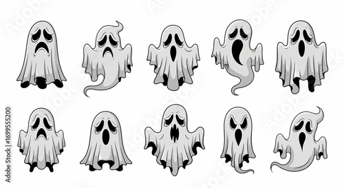 A collection of 10 hand-drawn cartoon flying ghosts with various expressions, perfect for Halloween and spooky themes