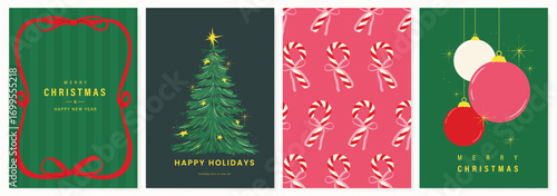 Christmas and Happy holiday greeting card vector set. Elegant wallpaper with christmas tree, ribbon frame, candy cane, ball. Holidays design illustration for cover, print, poster, Happy New Year, ads.