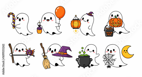 Adorable set of a hand drawn cartoon flying ghost collection celebrating Halloween with festive items like a pumpkin, witch hat, and cauldron