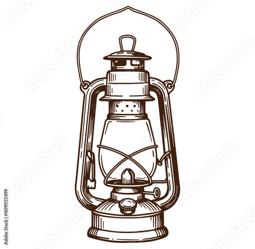 Vintage engraved illustration of an antique kerosene lantern with detailed outline