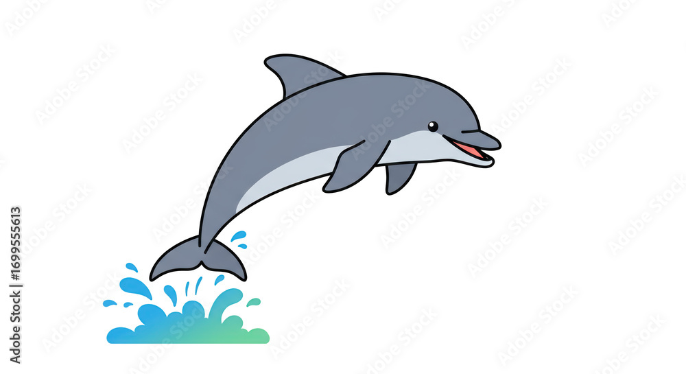 Obraz premium Cute Dolphin Jumping Out of Water detailed illustration featuring happy dolphin, wildlife, jumping, vector, mammal, digital art concept