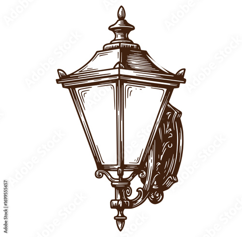 Vintage engraved illustration of an elegant outdoor wall mounted lantern with decorative elements