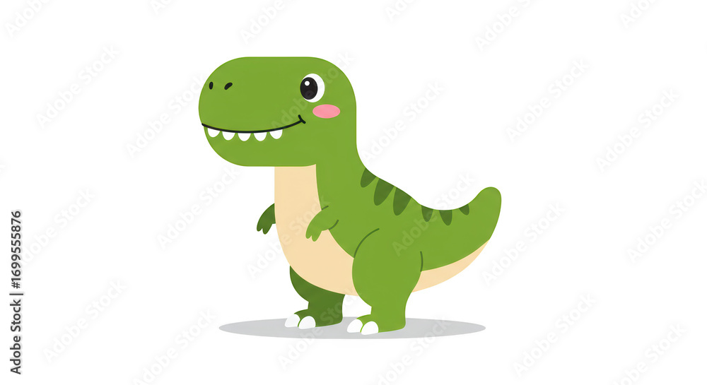 Fototapeta premium Cute green cartoon Tyrannosaurus Rex dinosaur smiling detailed illustration featuring vector, young, design, lizard, friendly, ancient concept design