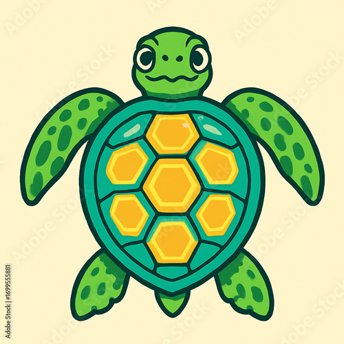 Charming and friendly sea turtle illustration with a vibrant patterned shell. A cute cartoon marine animal character design isolated on a light background