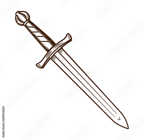 Vintage hand drawn sword illustration depicting a medieval weaponry symbol and concept