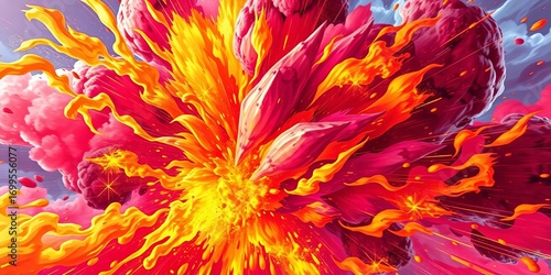 Fiery anime-style explosion, vibrant colors, dynamic motion,  comic,  particle