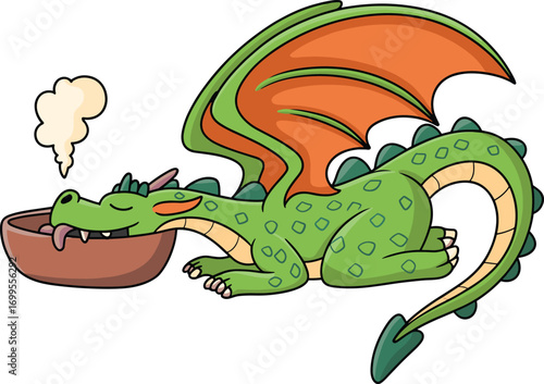 Cartoon green dragon resting beside steaming bowl, whimsical fantasy character illustration for cozy storytelling, humorous mythical scenes, and playful creature design