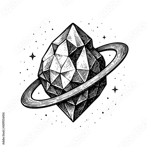 Hand Drawn Engraved Crystal Planet with Rings Vector Illustration in Black and White