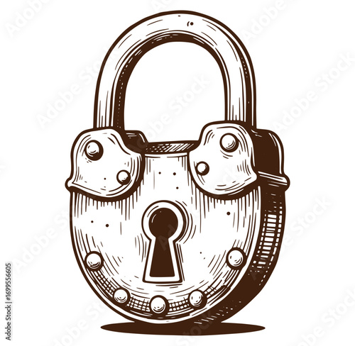 Vintage style hand drawn padlock illustration with detailed engraving effect for security concept