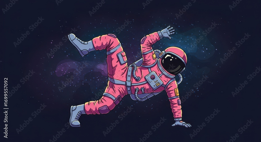 Fototapeta premium A stylized astronaut, clad in a vibrant pink spacesuit, performs a captivating break dance move amidst the vastness of space.