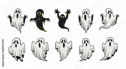 A collection of diverse hand-drawn cartoon flying ghost illustrations, perfect for Halloween and spooky themes