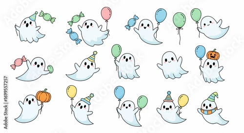 A cute collection of hand drawn cartoon flying ghost characters celebrating Halloween. Kawaii spooky spirits holding party balloons, candy, and pumpkins isolated on a white background