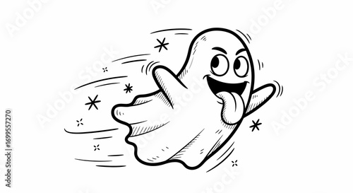 Hand-Drawn Cartoon Flying Ghost with Tongue Out and Stars, a Whimsical Halloween Spirit