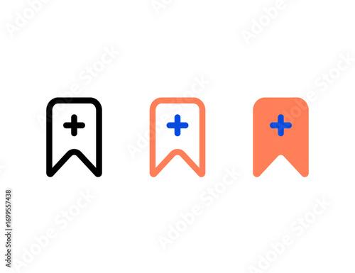 Three stylized bookmark icons with plus symbols in black orange and blue