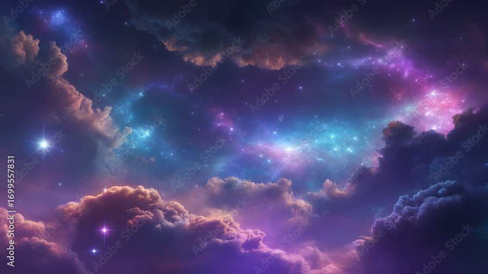 Fototapeta premium Celestial Tapestry: A breathtaking cosmic scene, with a swirling galaxy of stars and nebulae, fills the canvas, the vibrant hues of the cosmos mixing with the ethereal glow.