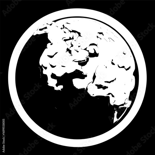 Stylized, black and white, graphic representation of the Earth.