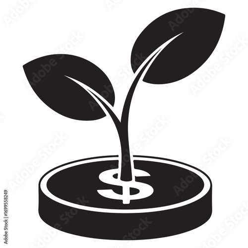 Black and white icon of a plant growing from a coin with a dollar sign