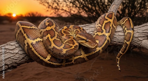 African Rock Python Coiled on Branch Against Sunset Glow in the Savanna