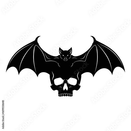 Bat and skull silhouette with wings isolated on white background