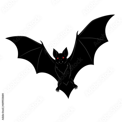 Black bat with red eyes silhouette isolated on white background