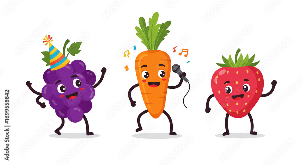 Obraz premium Happy Cartoon Fruits and Vegetables Celebrating Together detailed illustration featuring funny, food, flat, playful, vector, minimalist concept design